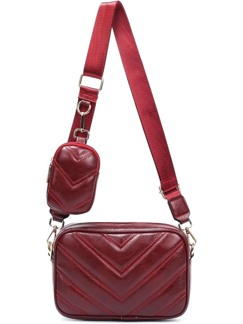 Women Wine Red Vegan Leather Quilted Small Coin Pouch Strap Crossbody Bag